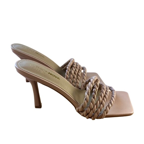 Fashion Nova 8.5 Braided Rope Strap 3" Heel Nude Heeled Sandals Square Toe - Picture 4 of 7